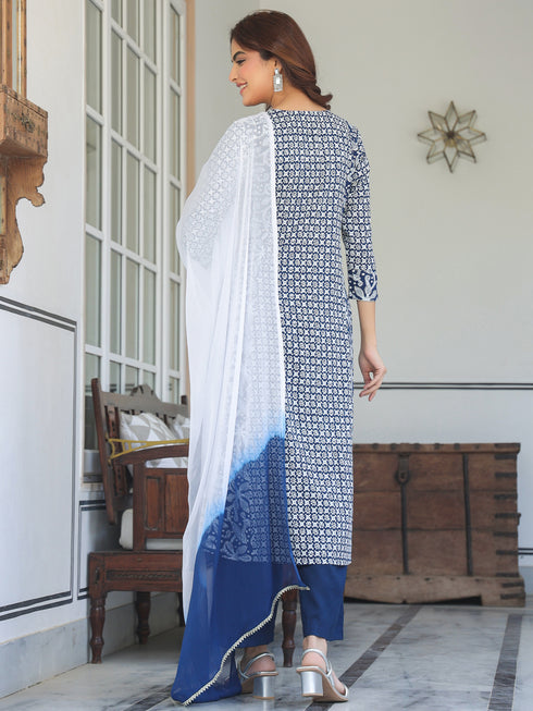 Navy Blue Rayon Floral Printed with Mirror Work A-line Kurta Set