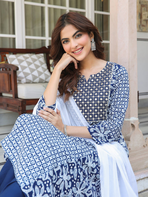 Navy Blue Rayon Floral Printed with Mirror Work A-line Kurta Set