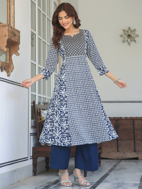 Navy Blue Rayon Floral Printed with Mirror Work A-line Kurta Set