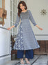 Navy Blue Rayon Floral Printed with Mirror Work A-line Kurta Set