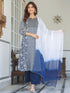 Navy Blue Rayon Floral Printed with Mirror Work A-line Kurta Set