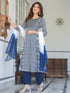 Navy Blue Rayon Floral Printed with Mirror Work A-line Kurta Set