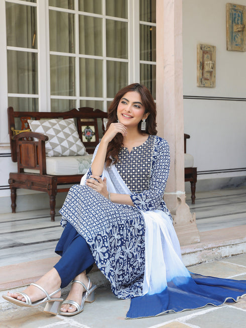 Navy Blue Rayon Floral Printed with Mirror Work A-line Kurta Set