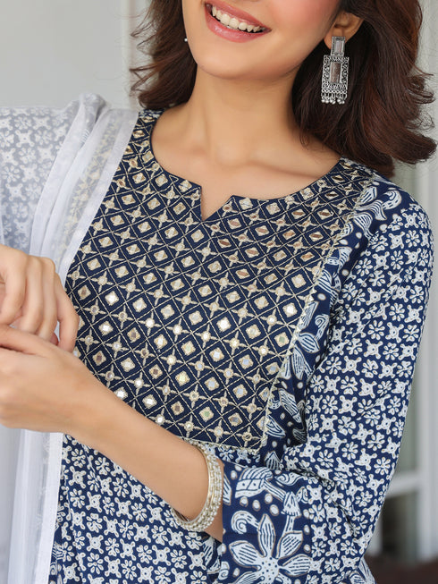 Navy Blue Rayon Floral Printed with Mirror Work A-line Kurta Set