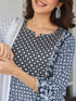 Navy Blue Rayon Floral Printed with Mirror Work A-line Kurta Set