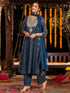 Janasya Women's Dark Blue Georgette Ajrakh Printed Embellished Anarkali Kurta Set