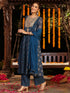 Janasya Women's Dark Blue Georgette Ajrakh Printed Embellished Anarkali Kurta Set