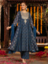 Janasya Women's Dark Blue Georgette Ajrakh Printed Embellished Anarkali Kurta Set