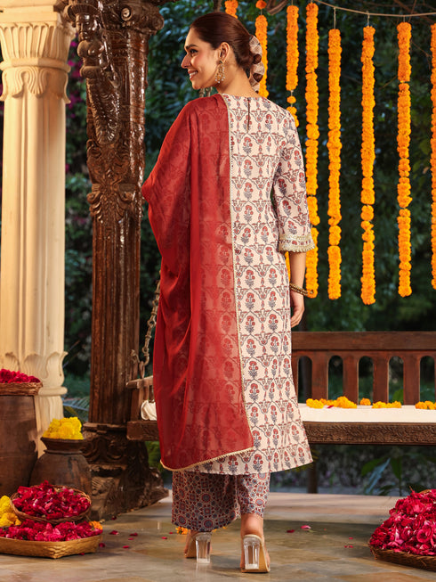 Janasya Women's Cream Georgette Yoke Zari Embroidered Ajarakh Printed Straight Kurta Set