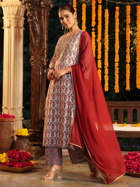 Janasya Women's Cream Georgette Yoke Zari Embroidered Ajarakh Printed Straight Kurta Set