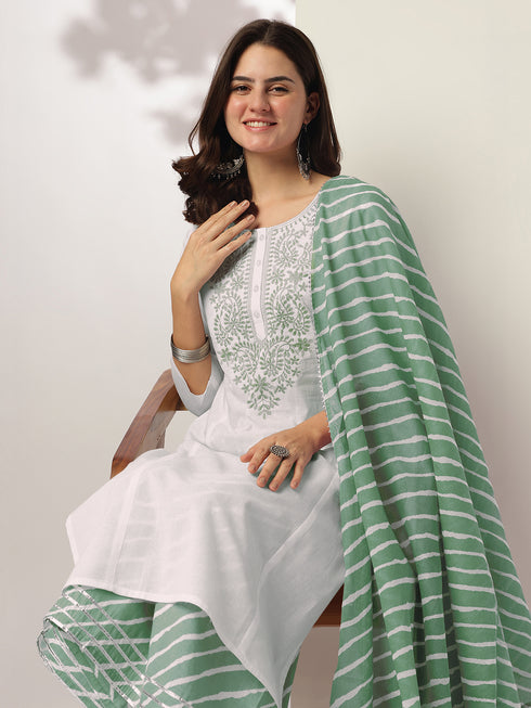 White & Sage Green Pure Cotton Yoke Embroidered Straight Kurta With Palazzo & Dupatta Set