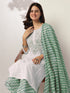 White & Sage Green Pure Cotton Yoke Embroidered Straight Kurta With Palazzo & Dupatta Set