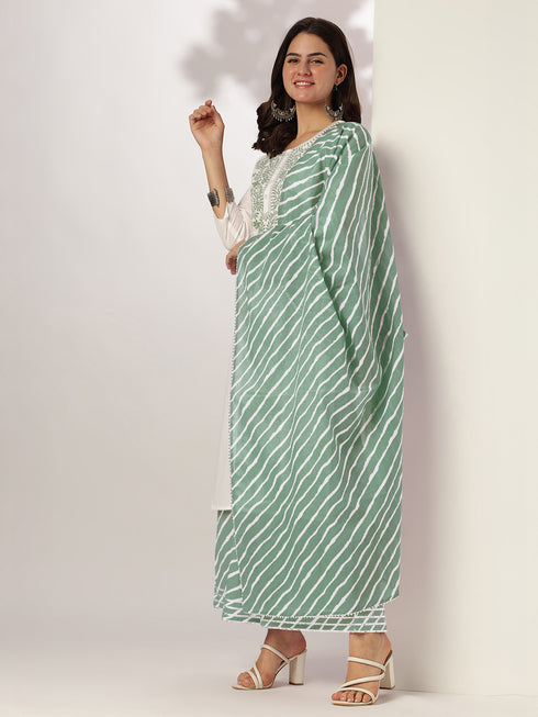 White & Sage Green Pure Cotton Yoke Embroidered Straight Kurta With Palazzo & Dupatta Set