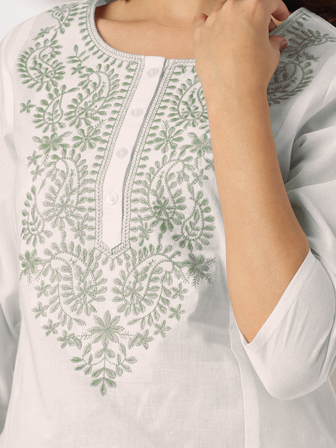 White & Sage Green Pure Cotton Yoke Embroidered Straight Kurta With Palazzo & Dupatta Set