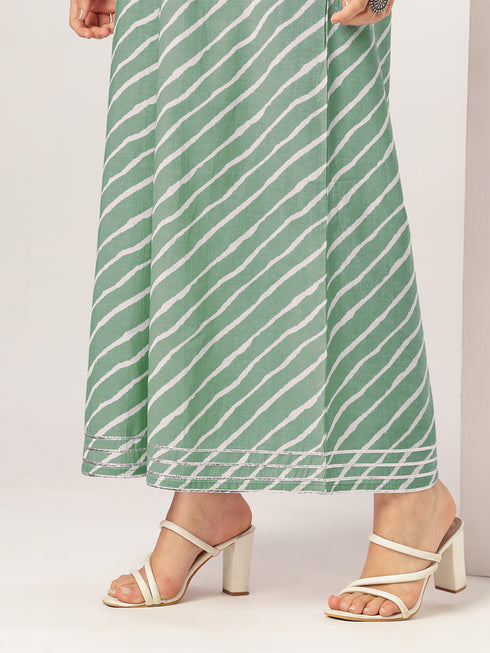 White & Sage Green Pure Cotton Yoke Embroidered Straight Kurta With Palazzo & Dupatta Set