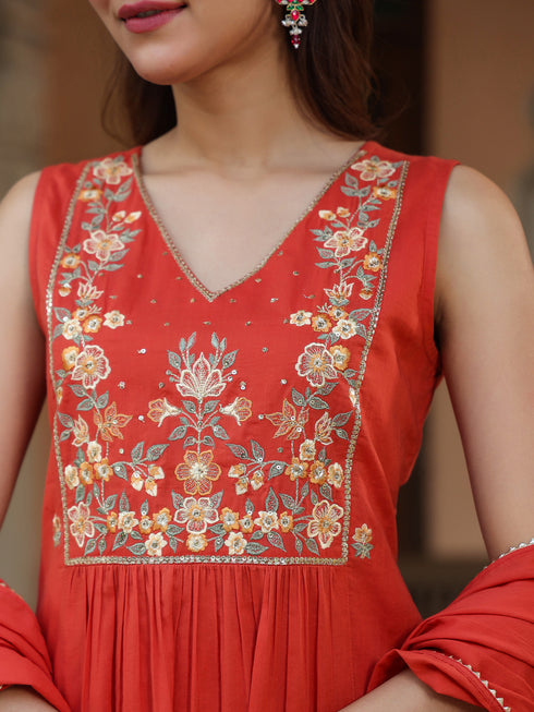 Janasya Women's Rust Pure Cotton Embroidered A-line Kurta Set