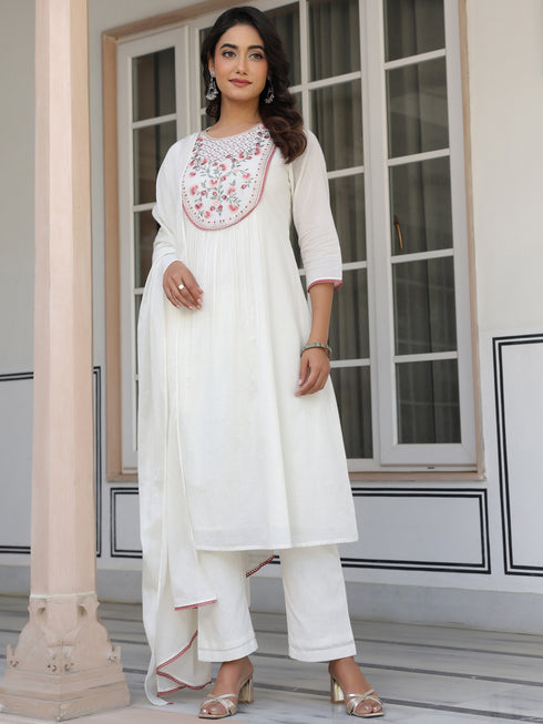 Janasya Women's Off White Pure Cotton Yoke Embroidered A-line Kurta Set