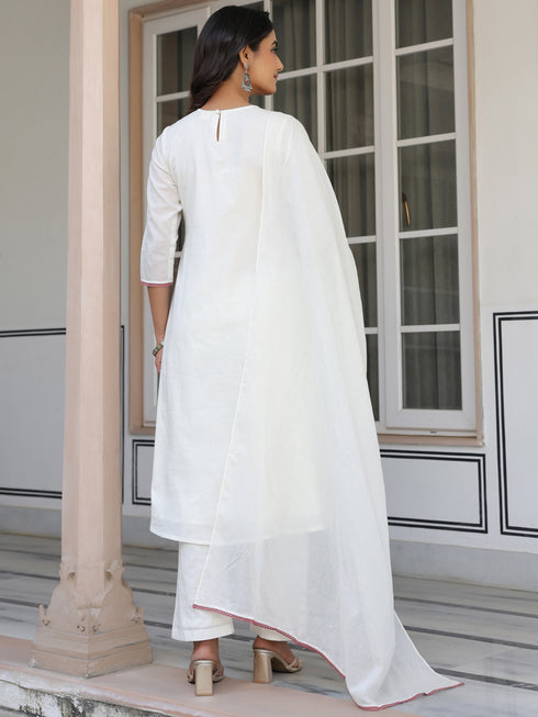 Janasya Women's Off White Pure Cotton Yoke Embroidered A-line Kurta Set