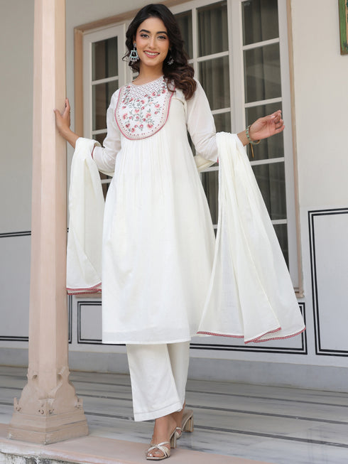 Janasya Women's Off White Pure Cotton Yoke Embroidered A-line Kurta Set