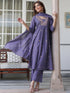 Janasya Women's Purple Pure Cotton Embroidered A-line Kurta Set