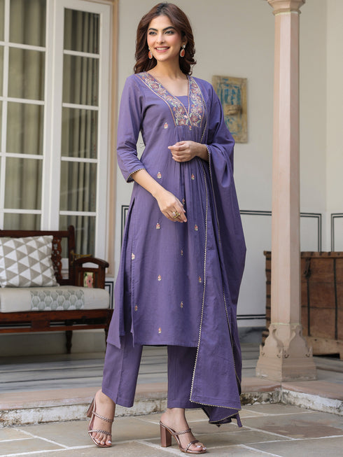 Janasya Women's Purple Pure Cotton Embroidered A-line Kurta Set