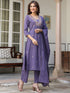 Janasya Women's Purple Pure Cotton Embroidered A-line Kurta Set