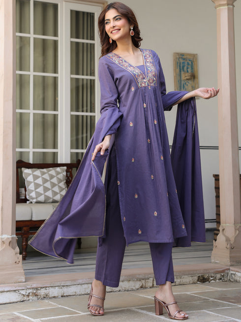 Janasya Women's Purple Pure Cotton Embroidered A-line Kurta Set