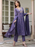 Janasya Women's Purple Pure Cotton Embroidered A-line Kurta Set