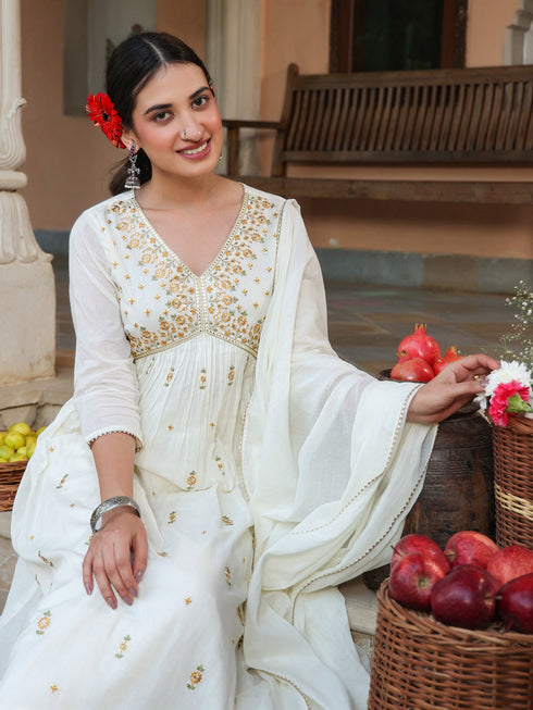 Janasya Women's Off White Pure Cotton Embroidered A-line Kurta Set