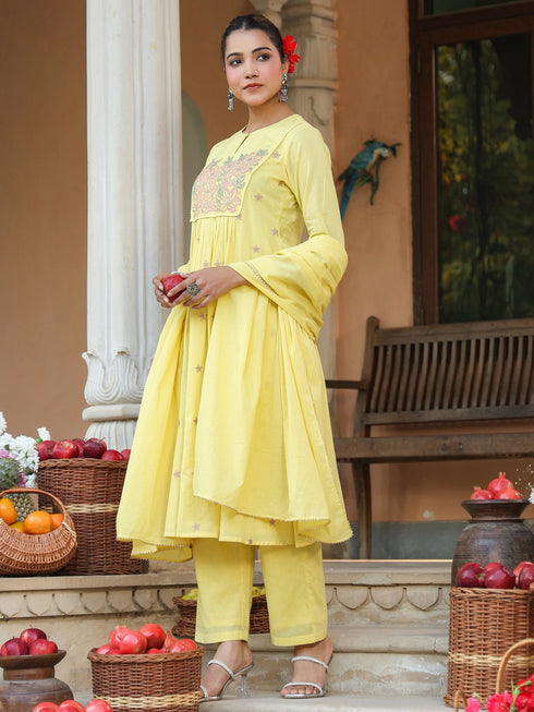 Janasya Women's Yellow Pure Cotton Embroidered A-line Kurta Set