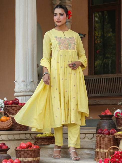 Janasya Women's Yellow Pure Cotton Embroidered A-line Kurta Set