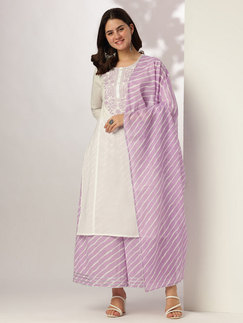 White & Lavender Pure Cotton Yoke Embroidered Straight Kurta Set
