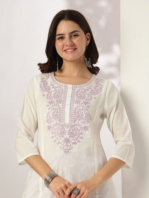 White & Lavender Pure Cotton Yoke Embroidered Straight Kurta Set