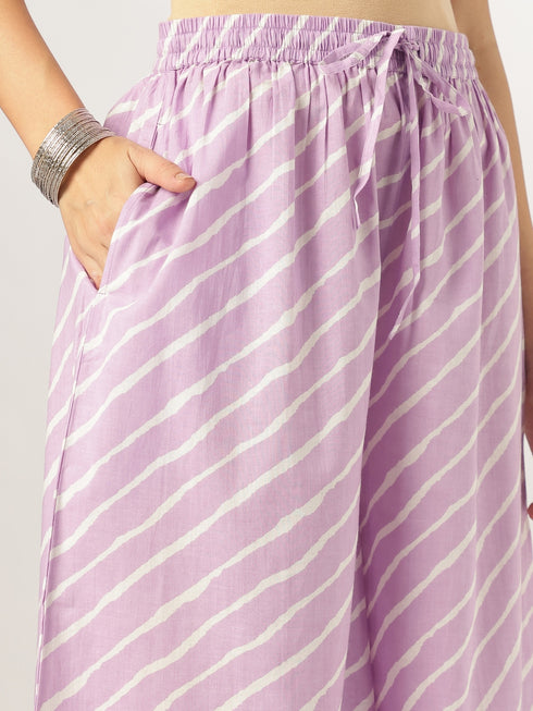 White & Lavender Pure Cotton Yoke Embroidered Straight Kurta Set