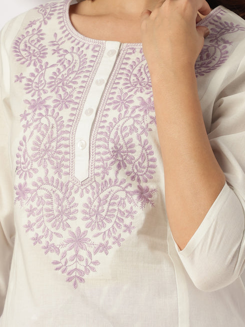White & Lavender Pure Cotton Yoke Embroidered Straight Kurta Set