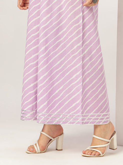 White & Lavender Pure Cotton Yoke Embroidered Straight Kurta Set