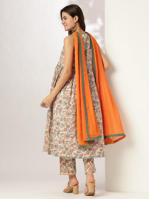 Off White Pure Cotton Floral Printed A-line Kurta Set