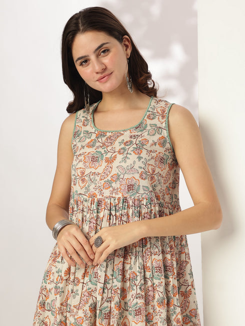 Off White Pure Cotton Floral Printed A-line Kurta Set