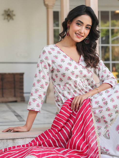 White Pure & Pink Cotton Floral Printed Angrakha Kurta Set