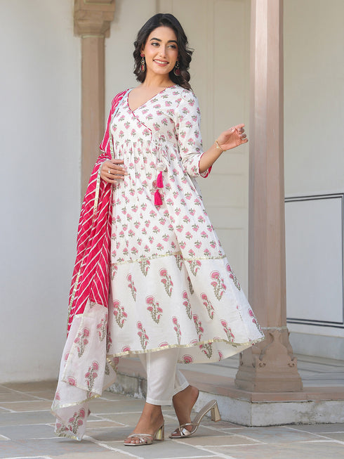 White Pure & Pink Cotton Floral Printed Angrakha Kurta Set