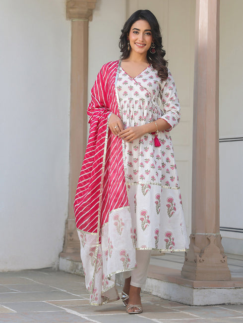 White Pure & Pink Cotton Floral Printed Angrakha Kurta Set