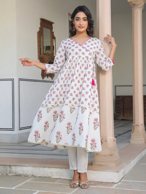 White Pure & Pink Cotton Floral Printed Angrakha Kurta Set