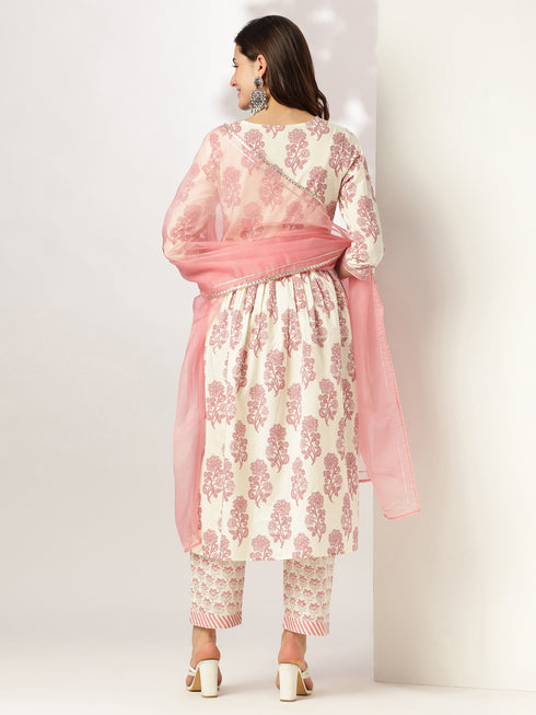 Cream & Pink Pure Cotton Floral Printed A-line Kurta Set