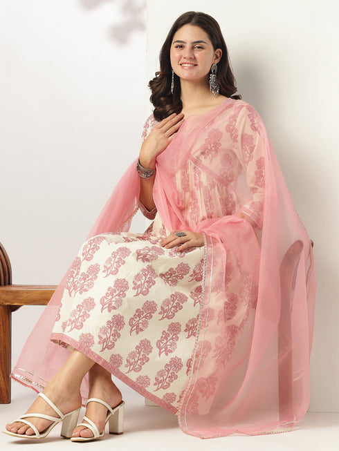Cream & Pink Pure Cotton Floral Printed A-line Kurta Set