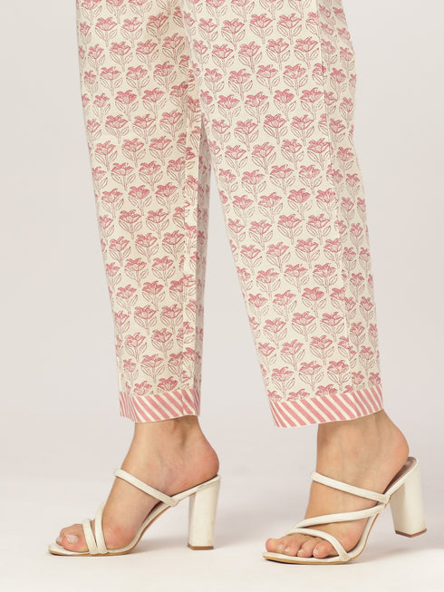 Cream & Pink Pure Cotton Floral Printed A-line Kurta Set