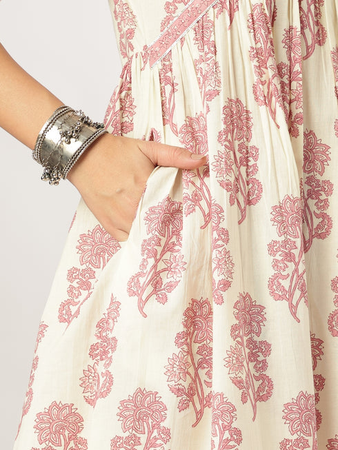 Cream & Pink Pure Cotton Floral Printed A-line Kurta Set
