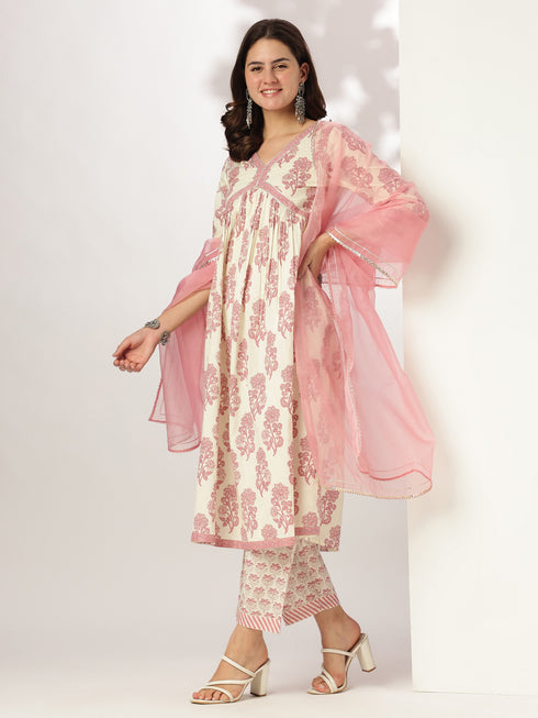 Cream & Pink Pure Cotton Floral Printed A-line Kurta Set