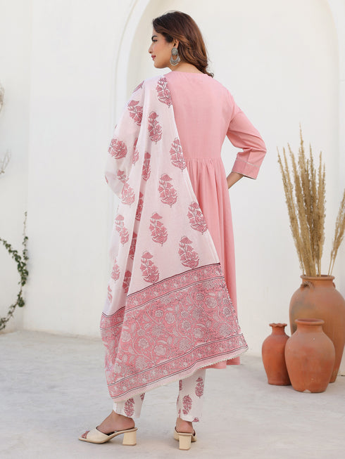 Light Pink Pure Cotton Floral Printed A-line Kurta Set