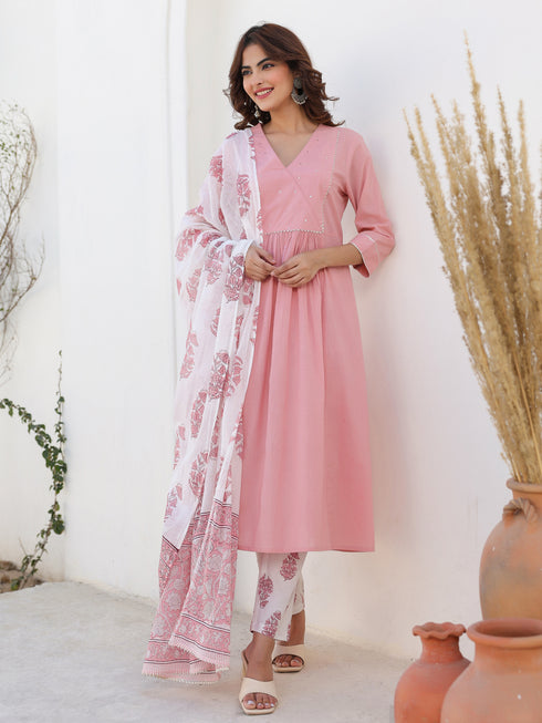 Light Pink Pure Cotton Floral Printed A-line Kurta Set