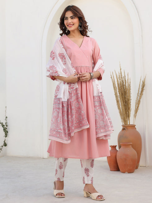 Light Pink Pure Cotton Floral Printed A-line Kurta Set